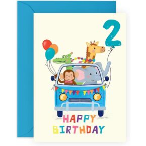 CENTRAL 23 Happy 2nd Birthday Card For Boys Girls Kids - 'BDAY Car Animals Age 2' - Second Birthday Greeting Card For Kids Toddler - Two Year Old - Gifts For Son - Comes With Stickers