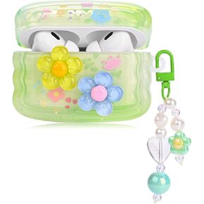 Cute Cases for AirPods Pro 2, Curly Wave Frame Shape Flowers Cover with Heart Bead Pendant for AirPods Pro 2nd Generation Case
