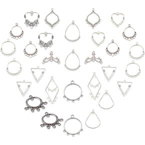 SUNNYCLUE 72pcs 12 Styles Chandelier Connector Charms Component Links Alloy Hollow Filigree Pendants Flat Round Teardrop Triangle Shape for Jewelry Making Earring Supplies, Antique Silver