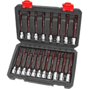 3/8 Inch Drive Long Allen Hex Bit Socket Set, 19-Piece Hex Head Standard SAE & Metric Sockets (1/8"-3/8", 3-12mm), S2 Alloy Steel Durable Tools for Mechanics