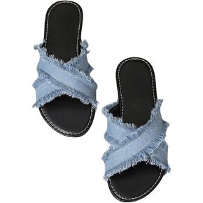 Verdusa Women's Criss Cross Denim Sandals Open Toe Slip On Slide Flats Sandal