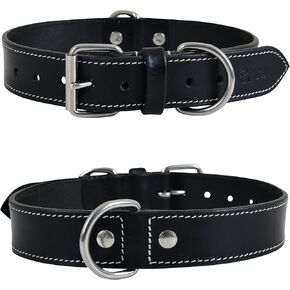 Leather Dog Collar for Small Dogs, Black Dog Collar with Double D Rings, Genuine, Full Grain Hides, Heavy Duty, Adjustable, Ultra Soft, Supple, Comfortable (S (11"-14"), Rich Black)
