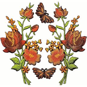 Set. Beautiful Brown Roses Bouquet Flowers Patches Lovely Butterfly Embroidered Iron On Sew On Patch Sewing Supplies Jacket Jeans Clothes Hats Decoration Stickers Embroidery