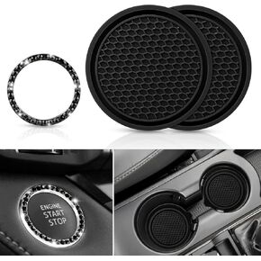 Ouzorp Car Cup Coasters (2 Pack) | Car Push Start Button Bling (1 Pack) | Car Cup Holder Coaster | Silicone Anti Slip Cup Coaster | Car Interior Accessories-Black…