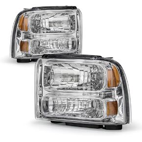 Headlight Assembly for 2005 2006 2007 Ford F250 F350 F450 F550 Super Duty Chrome Housing Amber Reflect 05 Ford Excursion Headlamps Pair Set