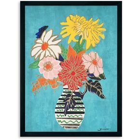 Yidepot Teal Gold Flowers Wall Decor - Vase Flower Boho Blue Floral Art Prints Fake Black Frame Colorful Art Work for Bedroom Walls 12"x16"