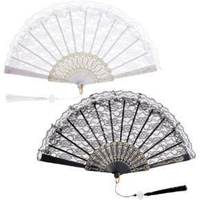 Lace Handheld Folding Fan Embroidered Flower Bridal Hand Fan Chinese Japanese Vintage Fan for 1920s Costume Wedding Dancing Tea Party (1, Black)