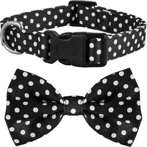 Dog Collar with Bow Tie, Premium Cute Bowtie Nylon Polka Dot, Christmas, American Flag, Halloween for Girl or Boy, Adjustable (Small, Red Polka)