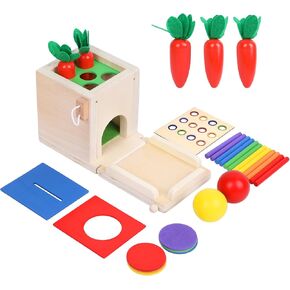 Wooden Montessori Toys Toddlers Play Kit, 4-in-1 Object Permanence Box, Coin Box, Carrot Harvest, Color Match Sticks Drop Game, Educational Learning Motor Skill Toys for Babies Kids 1 2 Years Old