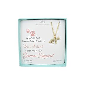 German Shepherd Charm in 24k Gold Plated Pewter on an 18 Inch Gold Toned Stainless Steel Cable Chain with Two Inch Extender. German Shepherd Necklace.