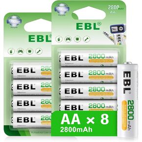 بطاريات EBL قابلة لإعادة الشحن AA 1.2 فولت 2800 مللي أمبير في الساعة بطارية Ni-MH AA مشحونة مسبقًا، حزمة بيع بالتجزئة جديدة، حزمة من 8 in Kuwait
