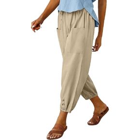Womens Capri Pants Casual Drawstring Harem Pants with Pockets Baggy Wide Leg Cropped Beach Pants Slacks Summer