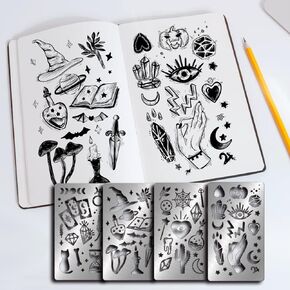 FINGERINSPIRE 4 قطع قالب استنسل معدني ذو طابع سحري، استنسلات رسم من الفولاذ المقاوم للصدأ لصنع البطاقات، سجل القصاصات DIY محفورًا، لوازم تزيين الهالوين