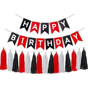 Runhiskii Black Red Happy Birthday Banner, Black White Red Tissue Paper Tassels Garland, Happy Birthday Decorations for Men Women Boys Girls