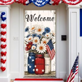 Welcome Home Door Banner Decorations Red Blue White Welcome Door Sign Summer Door Hanger for Front Door Daisy Welcome Back Patriotic Door Banner Floral Door Cover for Summer Holiday Party Supplies