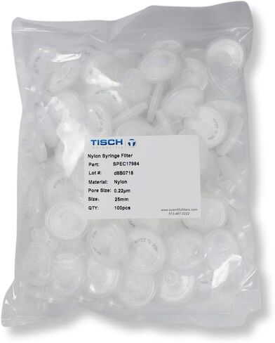 Tisch Brand SPEC17984 مرشح حقنة نايلون، 0.22um، 25 مم، قفل مزدوج، 1/pk/100 لكل عبوة | قابلية التبلل: محبة للماء | درجة حرارة التشغيل القصوى: 100 درجة مئوية | ضغط الانفجار (رطل لكل بوصة مربعة): 87 | in Kuwait