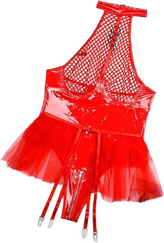 Yxinly Garter Lingerie Set for Women Sexy PU Leather Exotic Fishnet Bodysuit Leotard Teddy Tutu Nightwear in Saudi Arabia