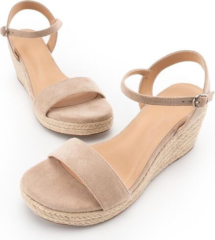 صنادل DREAMCIA Espadrilles Strappy من الجلد السويدي بكعب عريض للنساء صنادل صيفية أنيقة بحزام الكاحل بإبزيم مفتوح من الأمام in Kuwait
