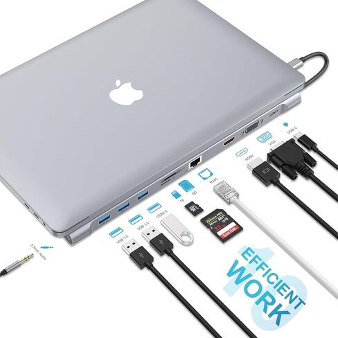 محول OBERSTER USB C Hub 10 في 1 USB C، شاشة ثلاثية، 4K HDMI، VGA، 3xUSB 3.0، PD 100W، إيثرنت، فتحات SD/TF، ​​صوت/ميكروفون متوافق مع أجهزة Mac والكمبيوتر المحمول والمزيد in Saudi Arabia