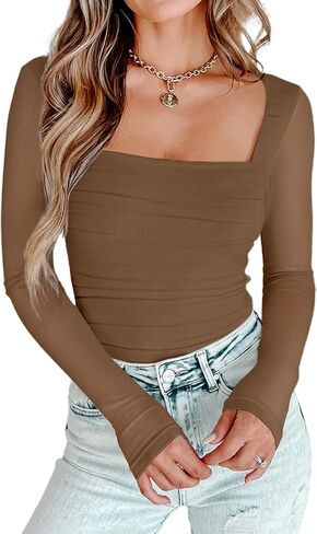 AGECODE Women's Square Neck Mesh Long Sleeve Bodysuit Shirts Ruched Body Suit Leotard Tops in Saudi Arabia