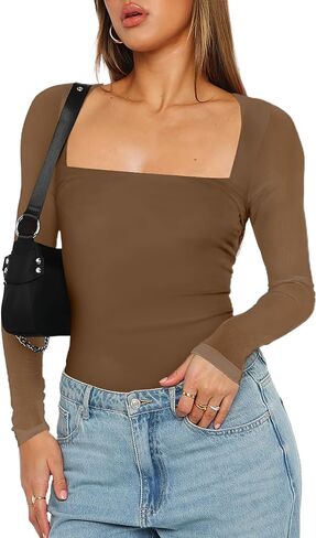 AGECODE Women's Square Neck Mesh Long Sleeve Bodysuit Shirts Ruched Body Suit Leotard Tops in Saudi Arabia