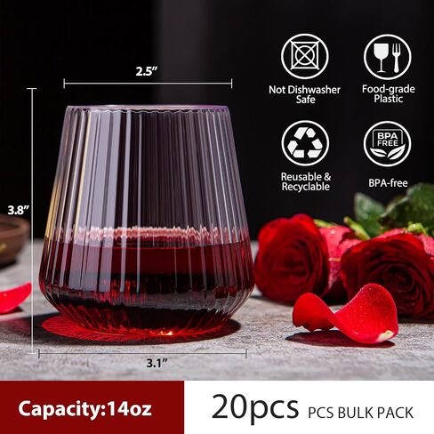 20 Pack 14oz Stemless Plastic Wine Glasses Heavy Duty Disposable Wine Glasses Unbreakable Clear Plastic Cocktail Glasses Recyclable Shatterproof Reusable Plastic Wine Cups for Parties Wedding in Saudi Arabia