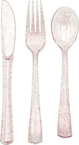 180PCS Rose Gold Plastic Silverware Set, Disposable Glitter Gold Cutlery, Flatware Set, 60 Gold Forks, 60 Gold Spoons, 60 Gold Knives, Valentine's day Fancy Party Utensils in Saudi Arabia