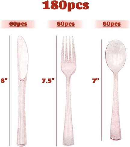 180PCS Rose Gold Plastic Silverware Set, Disposable Glitter Gold Cutlery, Flatware Set, 60 Gold Forks, 60 Gold Spoons, 60 Gold Knives, Valentine's day Fancy Party Utensils in Saudi Arabia