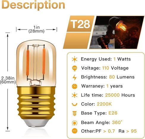 1W Low Wattage LED Edison Night Light Bulbs Warm,T28 Mini Vintage Light Bulb 10W Incandescent Equal,E26 Medium Screw Base Bulb for Oven Bulbs Decoration 6 Pack in Saudi Arabia