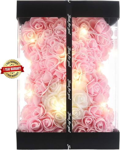 Rose Flower Bear-Hand Made rose Teddy Bear,Best Artificial Decoration gifts for mom, gifts for girls,unique gifts,birthday gifts,The Perfect Party Clear Gift Box (Light pink) in Saudi Arabia