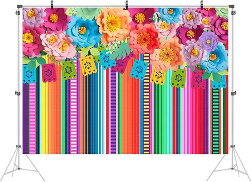 Ticuenicoa 5x3ft Mexican Fiesta Backdrop Photobooth Flowers Fiesta Background Drop Cinco De Mayo Backdrop for Pictures Floral Stripes Flags Birthday Party Mexican Party Decor Mexican Photo Booth Props in Saudi Arabia