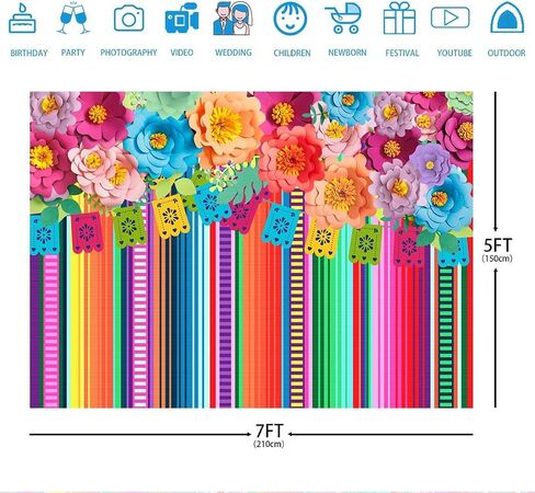 Ticuenicoa 5x3ft Mexican Fiesta Backdrop Photobooth Flowers Fiesta Background Drop Cinco De Mayo Backdrop for Pictures Floral Stripes Flags Birthday Party Mexican Party Decor Mexican Photo Booth Props in Saudi Arabia