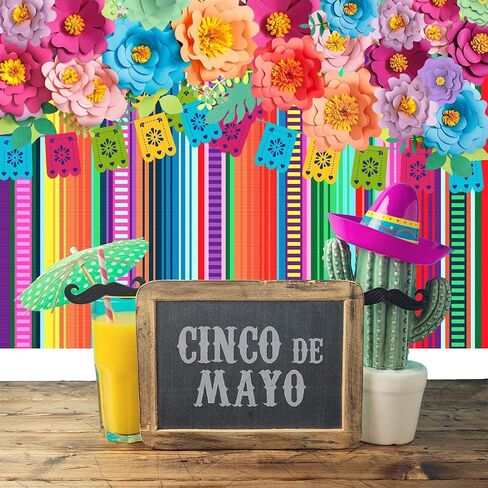 Ticuenicoa 5x3ft Mexican Fiesta Backdrop Photobooth Flowers Fiesta Background Drop Cinco De Mayo Backdrop for Pictures Floral Stripes Flags Birthday Party Mexican Party Decor Mexican Photo Booth Props in Saudi Arabia