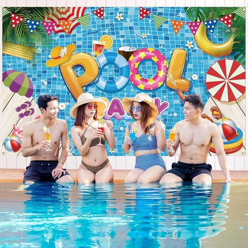 ديكورات حفلات حمام السباحة، ديكورات حفلات الشاطئ الصيفية، لافتة خلفية لحفلات حمام السباحة الصيفية، ديكورات الشاطئ الصيفية للحفلات، مستلزمات حفلات حمام السباحة، 72 × 43 بوصة in Kuwait