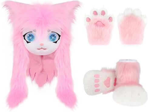 Cat Paw Mittens Gloves Fluffy Slippers Fursuit Cut Mask Halloween Cosplay Costume Accessories Set for Teens Adults in Saudi Arabia