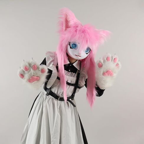Cat Paw Mittens Gloves Fluffy Slippers Fursuit Cut Mask Halloween Cosplay Costume Accessories Set for Teens Adults in Saudi Arabia