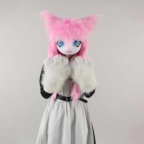 Cat Paw Mittens Gloves Fluffy Slippers Fursuit Cut Mask Halloween Cosplay Costume Accessories Set for Teens Adults in Saudi Arabia