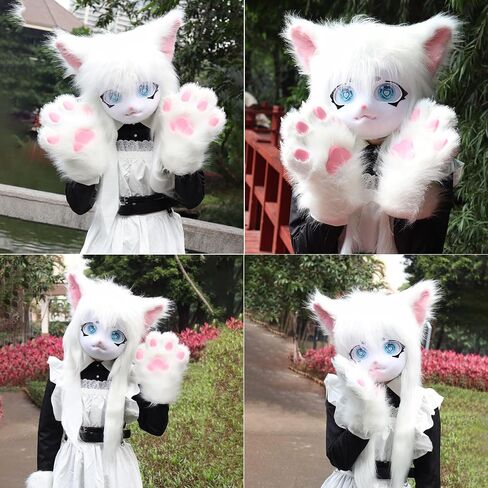 Cat Paw Mittens Gloves Fluffy Slippers Fursuit Cut Mask Halloween Cosplay Costume Accessories Set for Teens Adults in Saudi Arabia