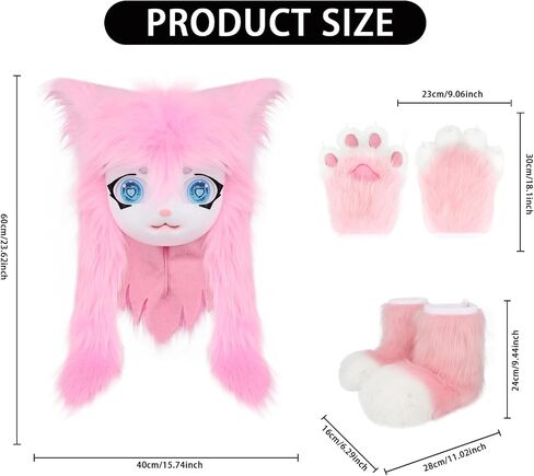Cat Paw Mittens Gloves Fluffy Slippers Fursuit Cut Mask Halloween Cosplay Costume Accessories Set for Teens Adults in Saudi Arabia