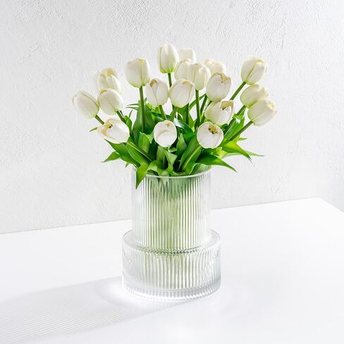 Laurel&Vine Quality Ribbed Glass Vase Set with 20 Realistic Pink Artificial Tulips Flowers. Modern Fluted Clear Vase with Faux Tulips. Entryway Living Room, Dining Table, Shelf, Office Decor Wedding in Kuwait