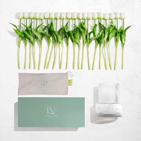 Laurel&Vine Quality Ribbed Glass Vase Set with 20 Realistic Pink Artificial Tulips Flowers. Modern Fluted Clear Vase with Faux Tulips. Entryway Living Room, Dining Table, Shelf, Office Decor Wedding in Kuwait