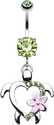 Pierced Owl 14GA Stainless Steel Light Green CZ Crystal Turtle with Hawaiian Flower Dangling Belly Button Ring in Saudi Arabia