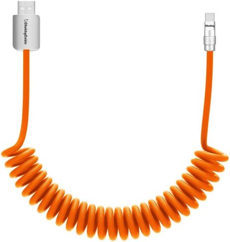 chubbycable Curly Chubby - Retractable Fast Charging Cable 240W Coiled Charger Cord for Car Durable USB-C Cable for Phones, Tablets and More, Orange, USB-A to Type-C, 1.3FT-2.3FT in Kuwait