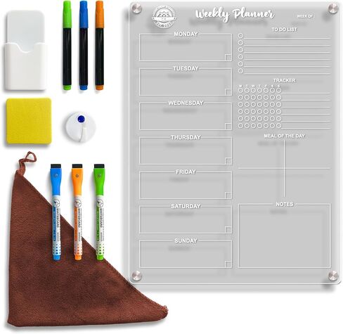Acrylic Clear Magnetic Weekly Planner 16" x 12" kit,Clear Magnetic dry eraser board,Magnetic Weekly Meal Planner for fridge, Weekly planner for kitchen. in Saudi Arabia