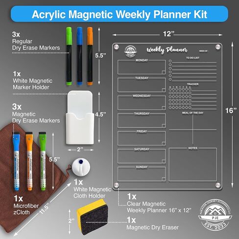 Acrylic Clear Magnetic Weekly Planner 16" x 12" kit,Clear Magnetic dry eraser board,Magnetic Weekly Meal Planner for fridge, Weekly planner for kitchen. in Saudi Arabia