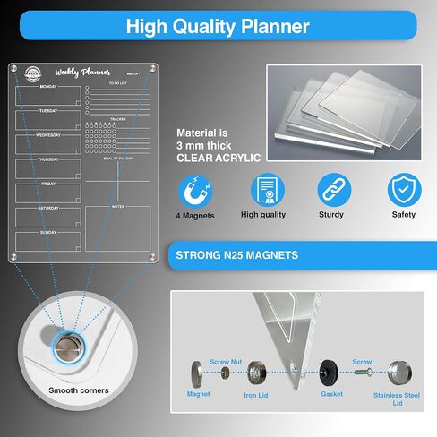 Acrylic Clear Magnetic Weekly Planner 16" x 12" kit,Clear Magnetic dry eraser board,Magnetic Weekly Meal Planner for fridge, Weekly planner for kitchen. in Saudi Arabia