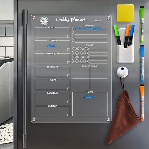 Acrylic Clear Magnetic Weekly Planner 16" x 12" kit,Clear Magnetic dry eraser board,Magnetic Weekly Meal Planner for fridge, Weekly planner for kitchen. in Saudi Arabia