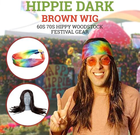 HandinHandCreations Hippie Dark Brown Wig Costume with Tie Dye Bandana 60s 70s Hippy Woodstock Festival Gear in Saudi Arabia