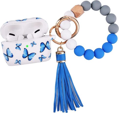 AirPods Pro Case AIRSPO Cute AirPods Pro Case Cover for AirPods Pro Printed Silicone Protective Skin for Women, Girls with Bracelet Keychain/Accessories (Blue/Butterfly) in Saudi Arabia