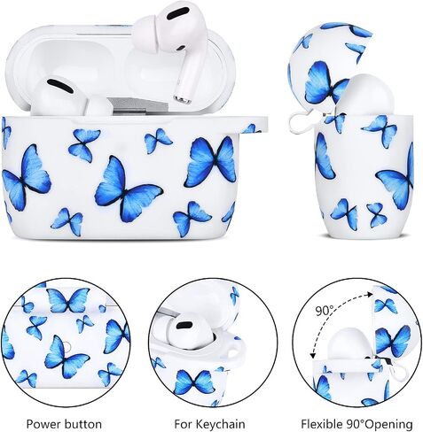 AirPods Pro Case AIRSPO Cute AirPods Pro Case Cover for AirPods Pro Printed Silicone Protective Skin for Women, Girls with Bracelet Keychain/Accessories (Blue/Butterfly) in Saudi Arabia